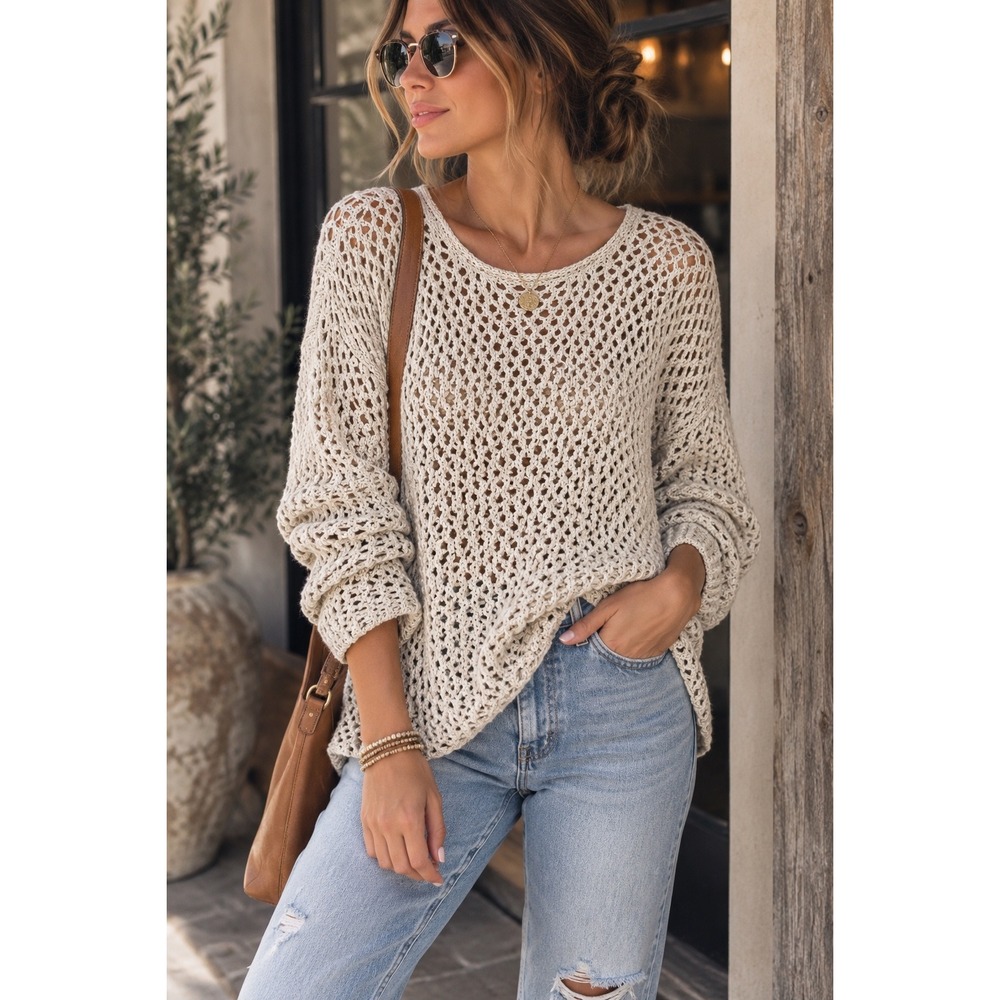 Eileen Fisher M Cream Organic Cotton Open Knit Crochet Sweater Coastal Boho